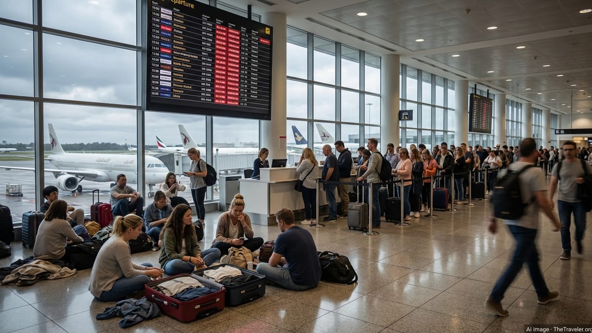 Crowded Australian airport terminal with travellers facing delayed and cancelled international flights.