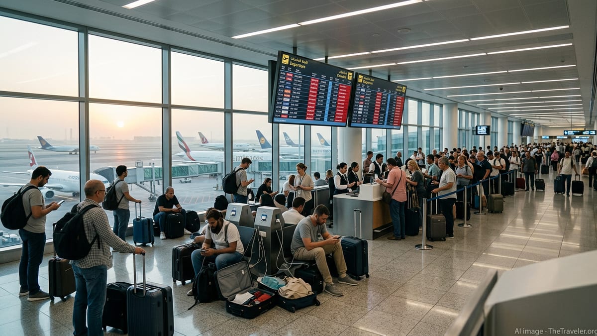 Crowded Gulf airport terminal with delayed flights on departure boards and aircraft parked outside at sunrise.