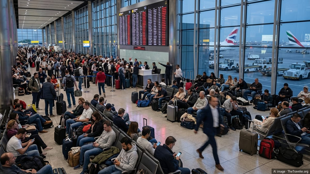 Crowded airport terminal with stranded passengers and cancelled flights on departure boards.