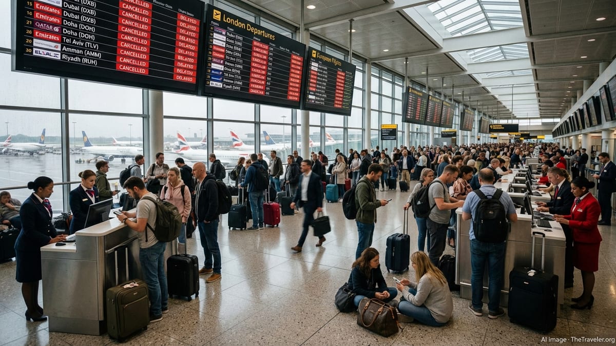 Crowded airport terminal with cancelled Middle East flights on departure boards.