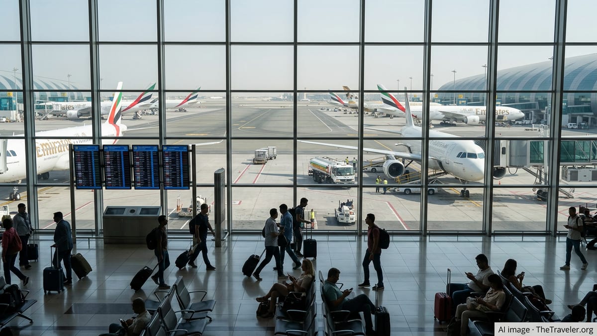 Passengers in a Gulf airport terminal overlooking parked aircraft as regional flights resume.