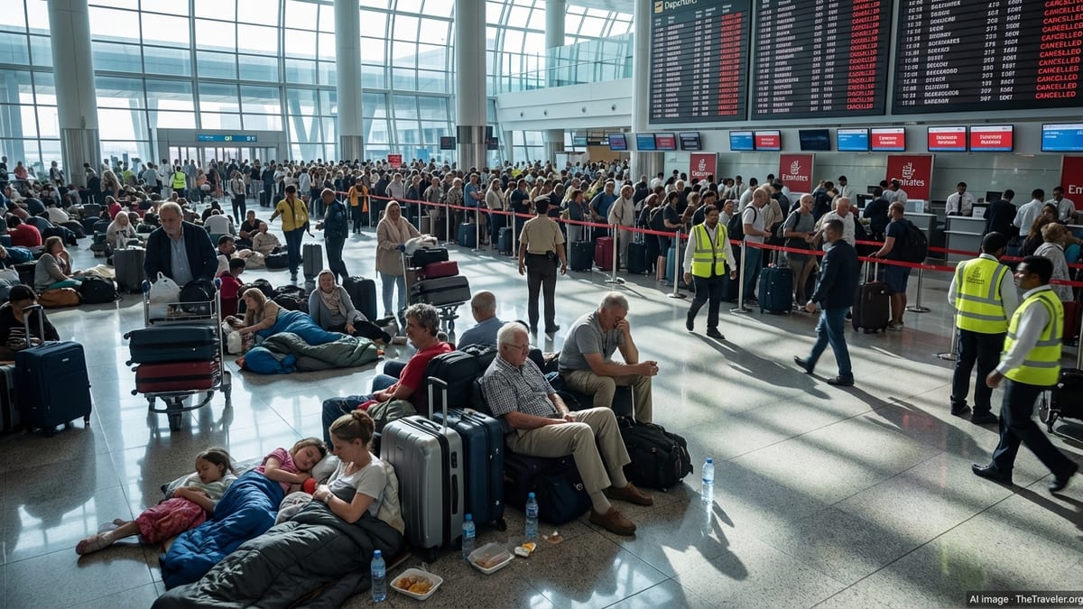 Stranded travelers crowd Dubai airport under boards of canceled flights.