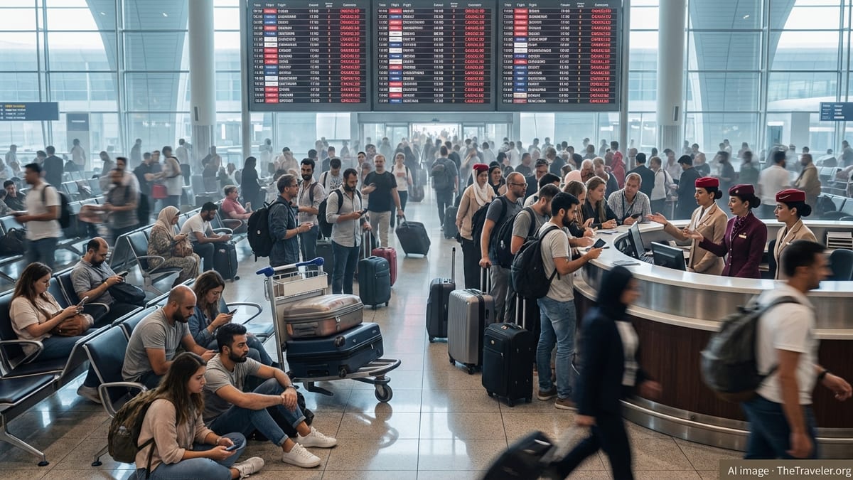 Crowded Gulf airport terminal with canceled flights and stranded passengers waiting near departure gates.
