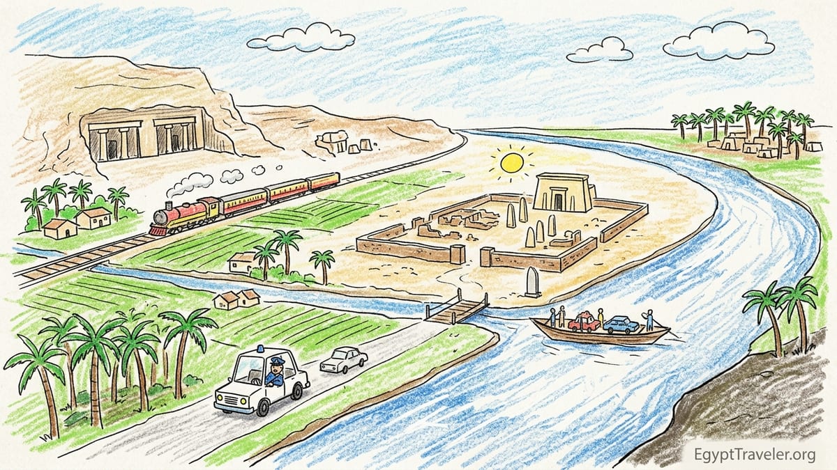 View over the Nile in Middle Egypt with fields, cliffs and a small ferry boat near Minya.