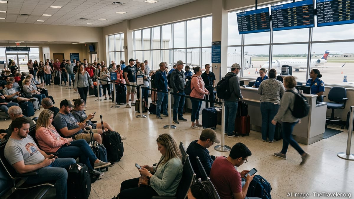 Crowded Midland airport terminal with passengers waiting as departure board shows multiple delays and cancellations.