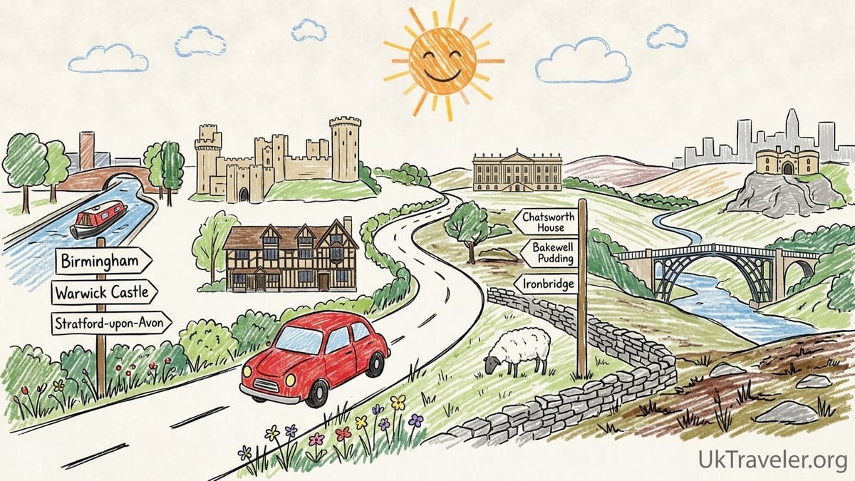 Curving Peak District road between green fields and hills under soft evening light.