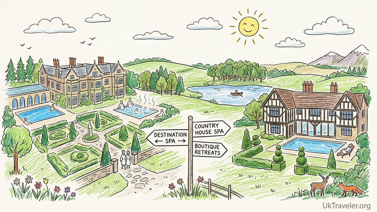 Country house spa hotel in the English Midlands with outdoor pool and guests in robes at sunset.