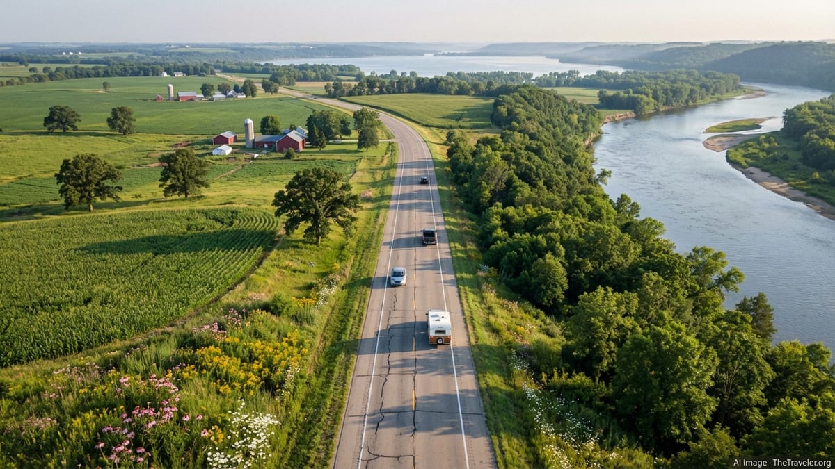 Aerial view of a two lane highway curving through Midwest farms, forested bluffs, and a distant lake at golden hour.