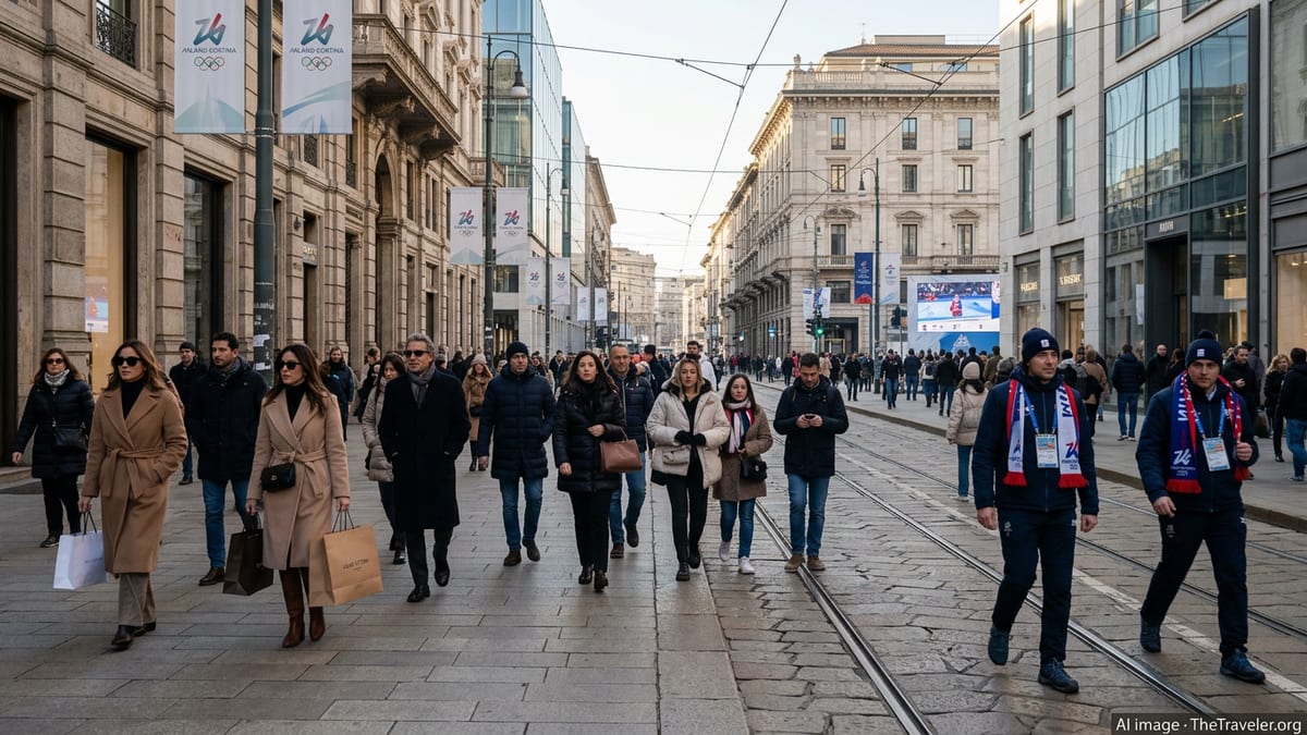Winter crowds and Olympic visitors walking through central Milan with fashion boutiques and games signage.