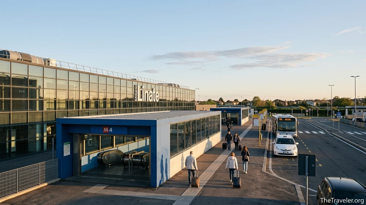 Exterior of Milan Linate Airport at sunrise with M4 metro entrance and travelers.