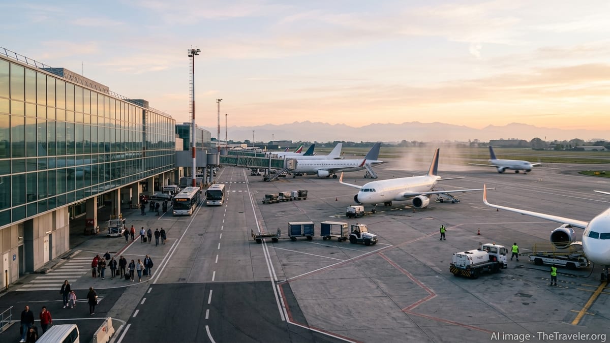 Early-morning view of Milan Bergamo Airport apron with several jets parked at the terminal.