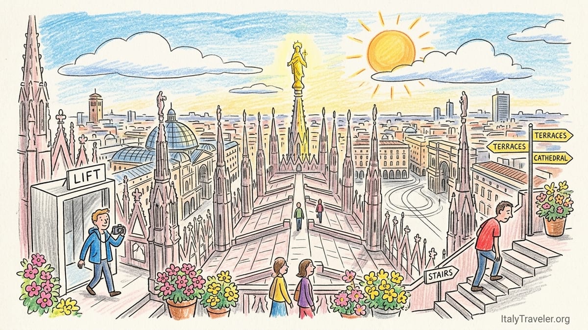 Visitors walking among marble spires on the Milan Duomo rooftop terraces at golden hour.