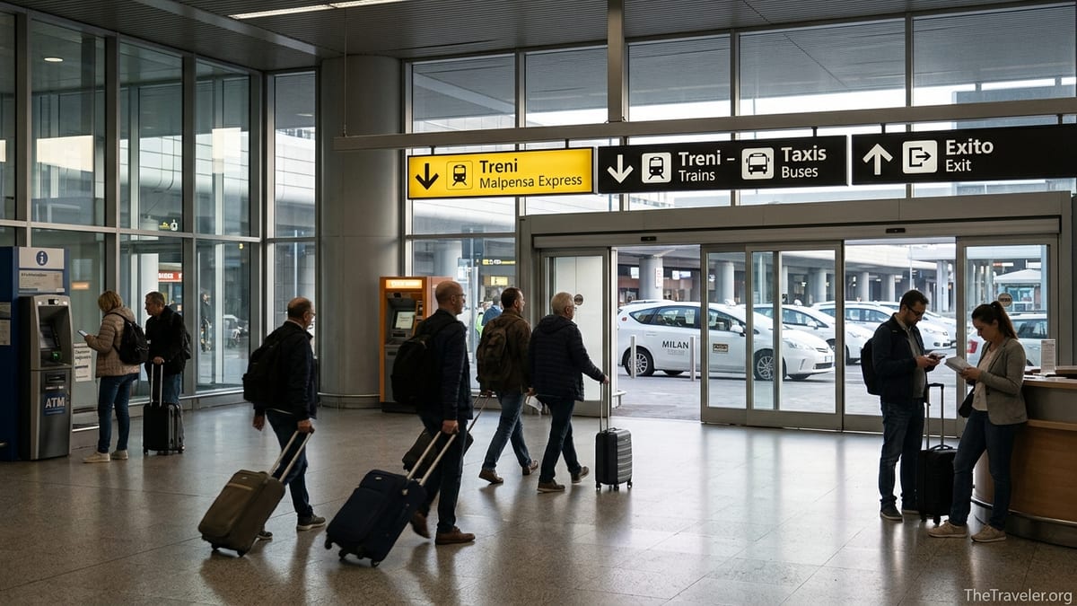 Travelers in Milan Malpensa Terminal 1 arrivals following signs to trains, buses and taxis.