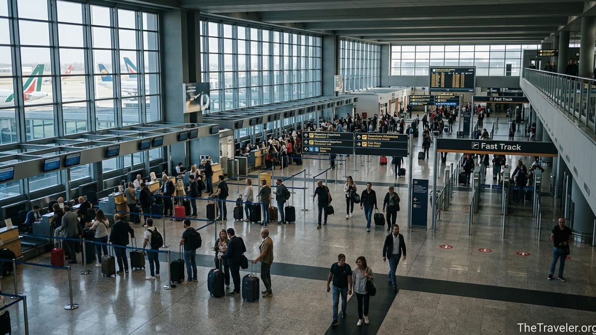 Busy departures hall at Milan Malpensa Airport Terminal 1 with travelers queuing at check-in and walking toward security.