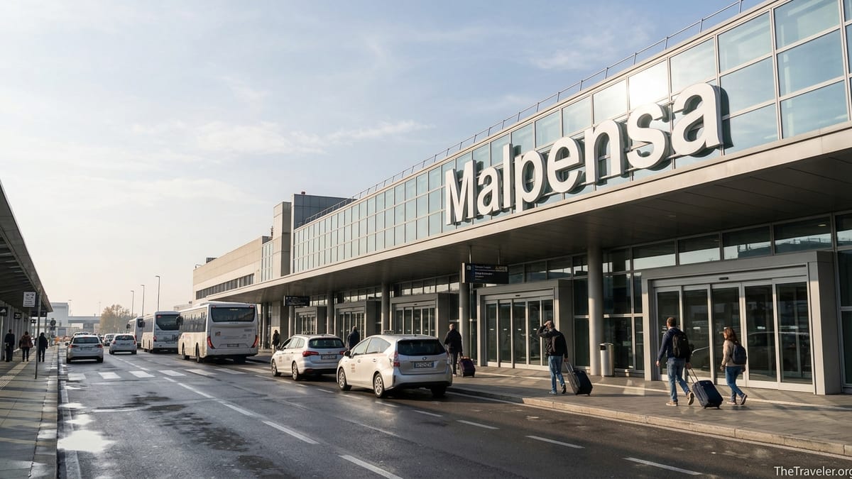 Travelers with suitcases outside Milan Malpensa Airport Terminal 1 on a bright day
