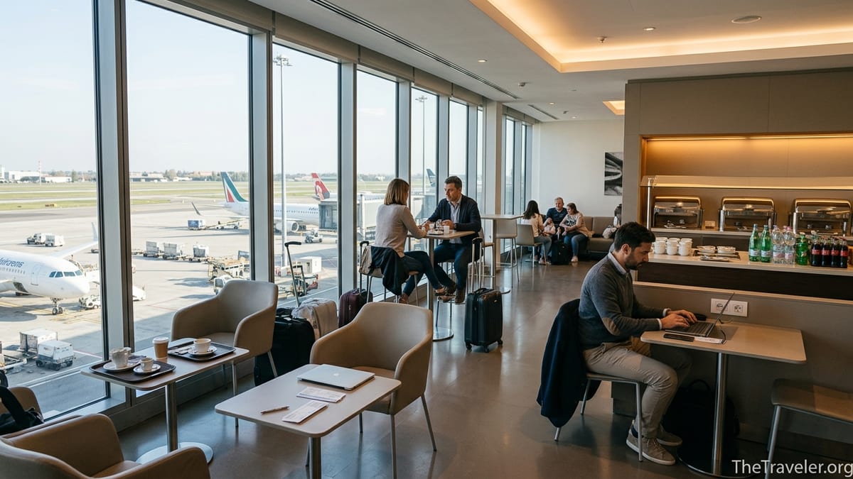 Travelers relaxing and working inside a bright Milan Malpensa Airport lounge with runway views.