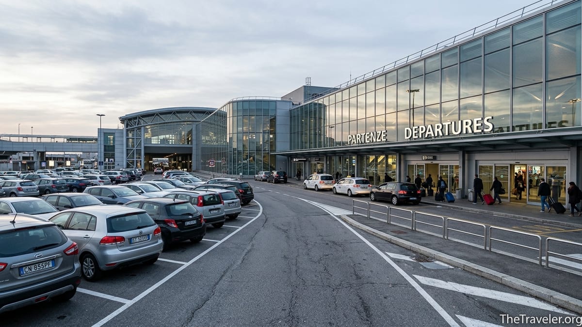Cars parked in front of Milan Malpensa Terminal 1 near the short-stay parking area at dawn.