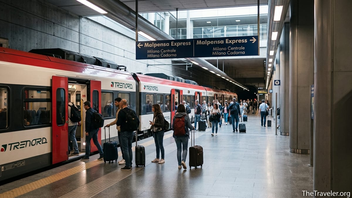 Passengers boarding a Malpensa Express train at Milan Malpensa Airport station.