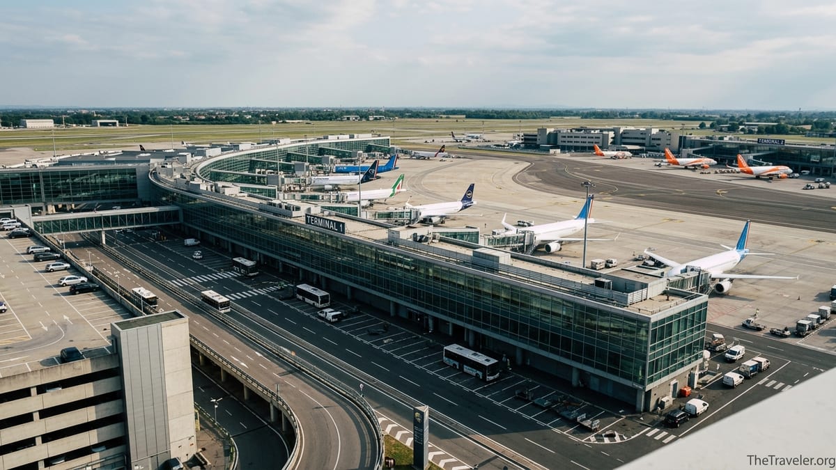 Aerial view of Milan Malpensa Airport showing both terminals and an easyJet aircraft parked at Terminal 2.