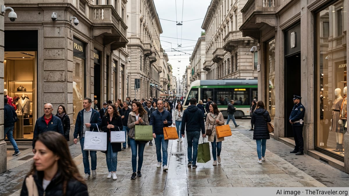 Crowds of shoppers and tourists near Milan luxury arcades with visible security presence.
