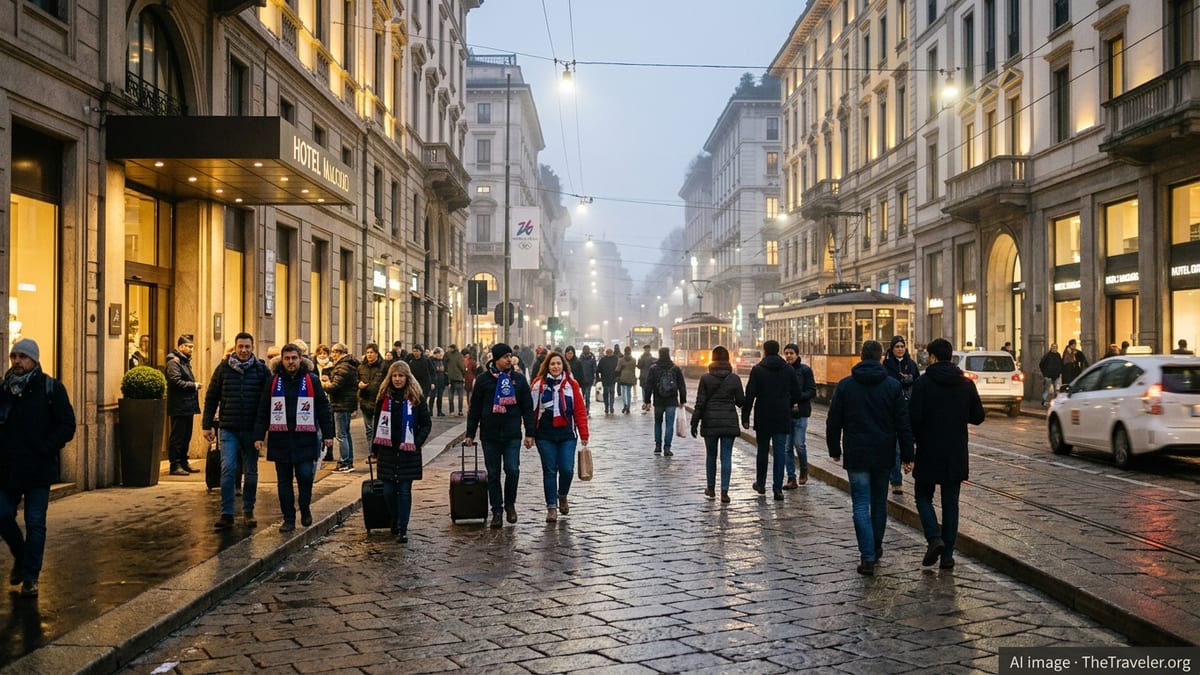 Evening crowds outside Milan hotels during the 2026 Winter Olympics.
