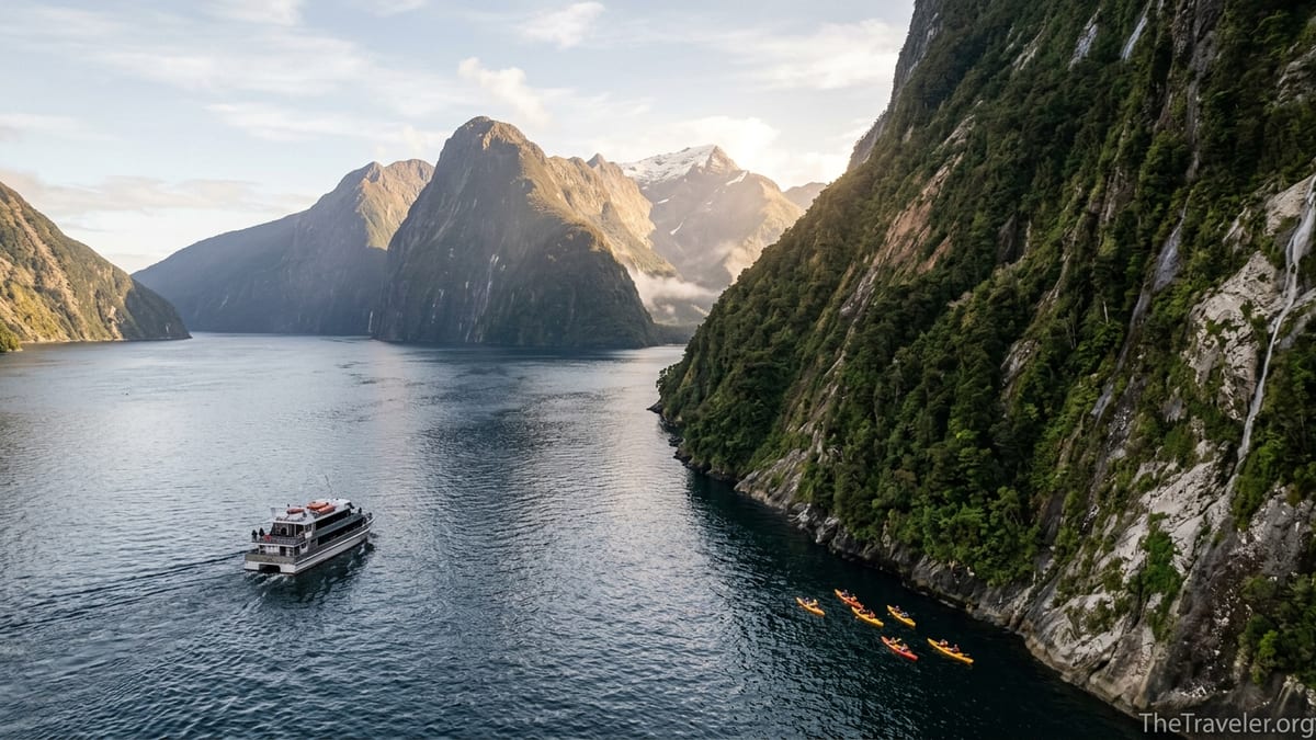 Sightseeing boat and kayakers exploring the towering cliffs and waterfalls of Milford Sound at golden hour.