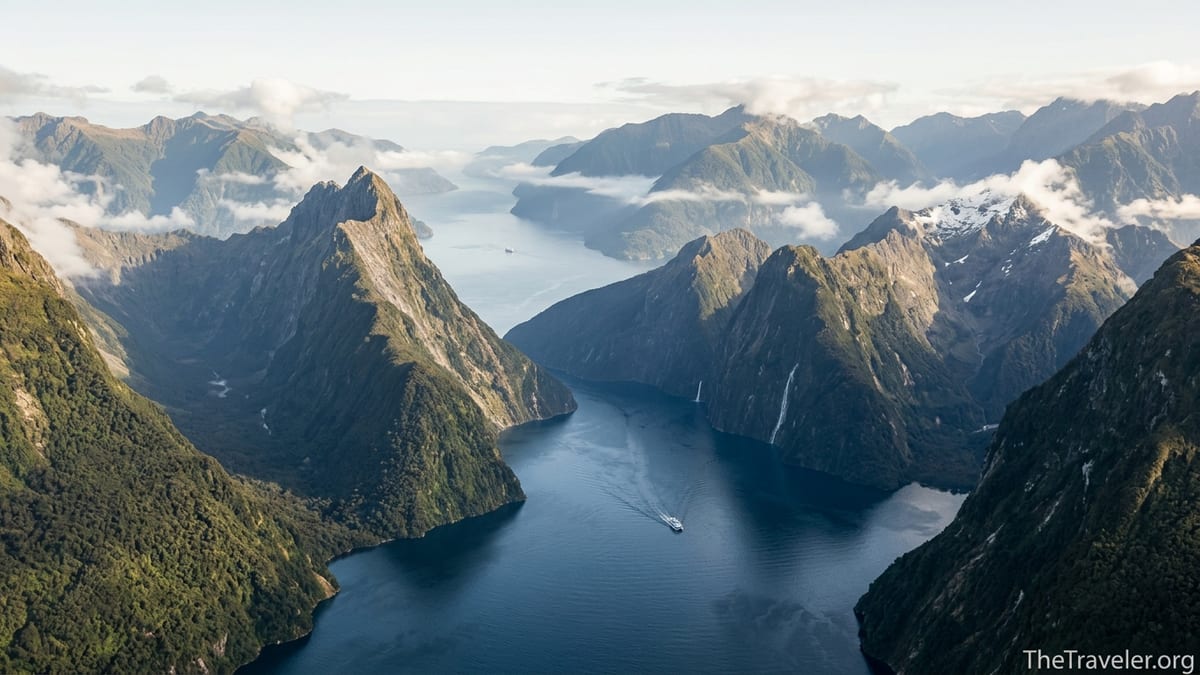 Aerial view of Milford Sound’s steep cliffs and a quieter, broader Doubtful Sound in Fiordland, each with a small cruise boat