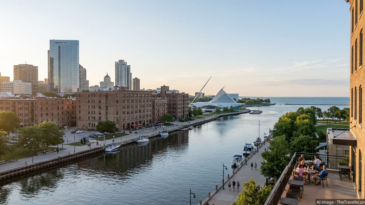 Milwaukee skyline and riverfront at golden hour with people walking along the RiverWalk.