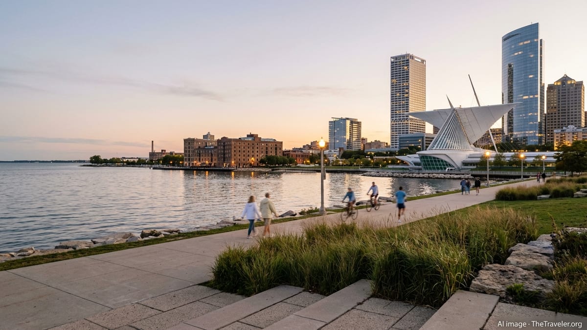 Milwaukee skyline and lakefront path at golden hour with art museum and calm water.