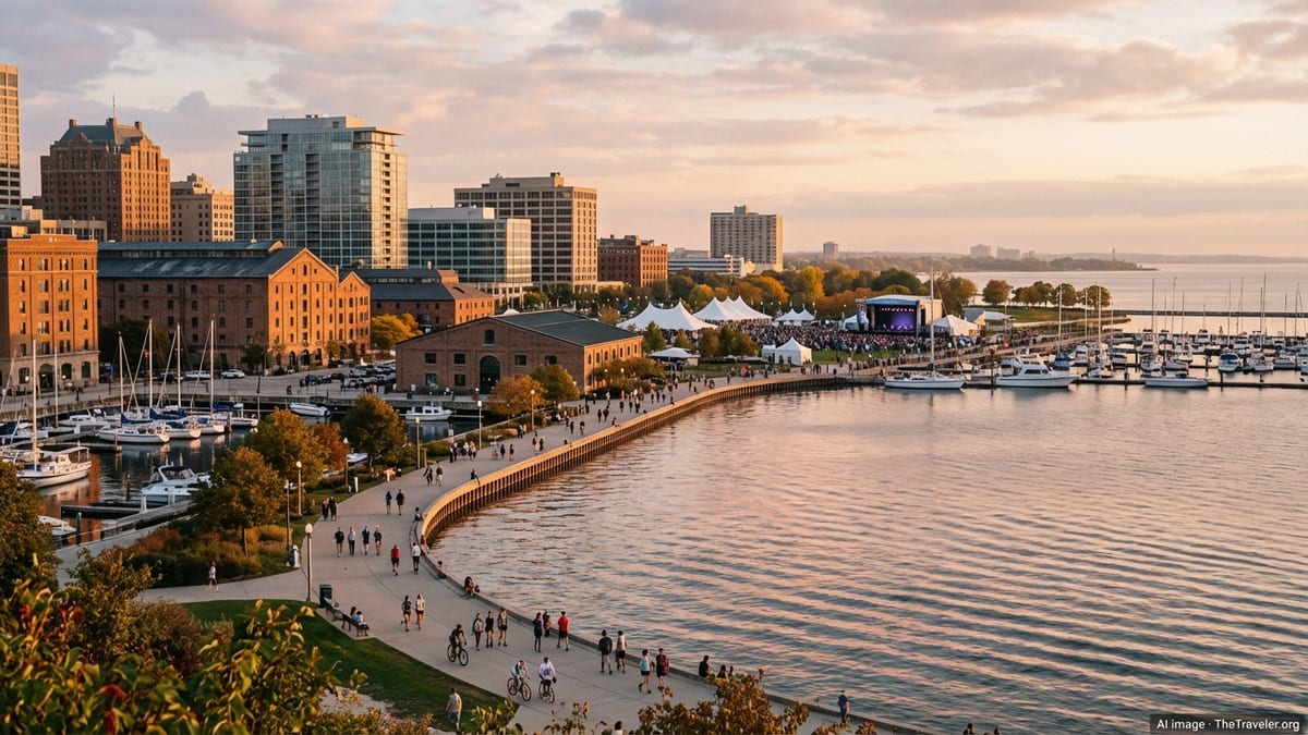 A mid-sized city waterfront at sunset with marinas, brick warehouses, and people walking along a lakeside promenade.