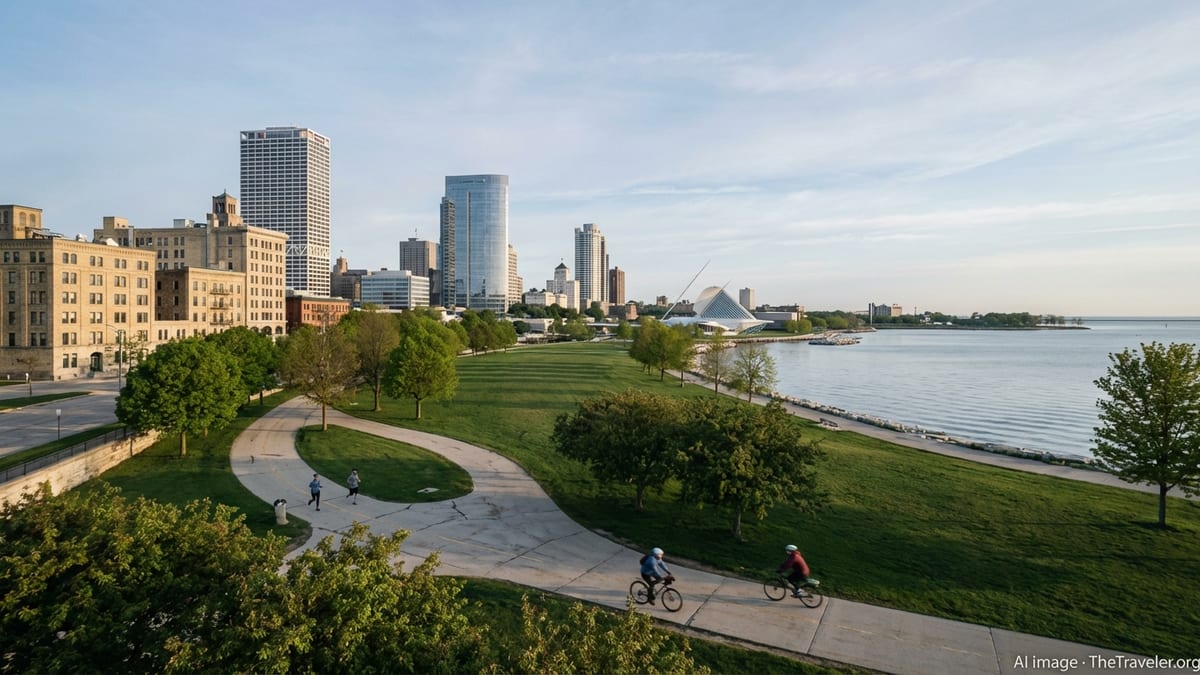 Milwaukee skyline and lakefront park at sunrise with paths, trees, and calm Lake Michigan.