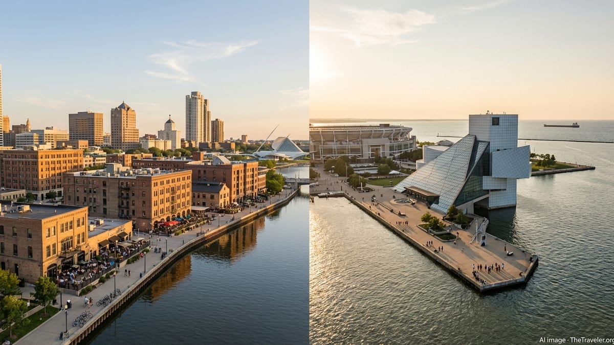 Split-view scene comparing Milwaukee Riverwalk and Cleveland lakefront at golden hour.