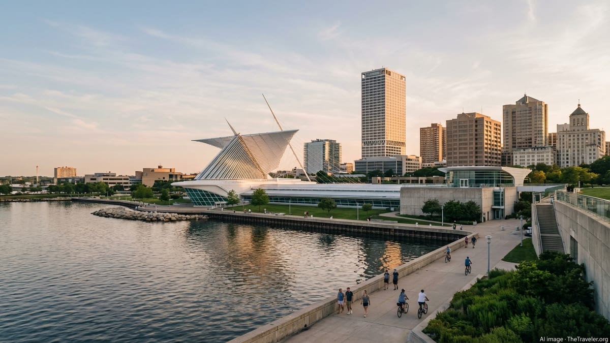 Milwaukee lakefront skyline and art museum at golden hour with walkers and cyclists on the path.