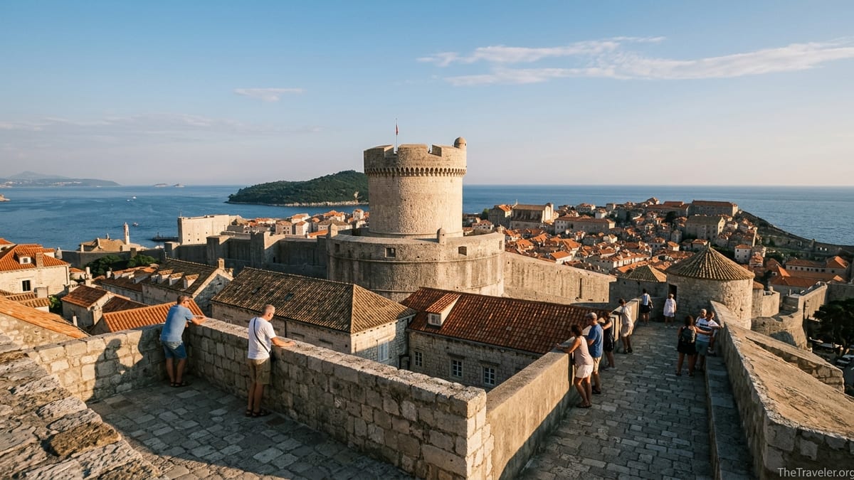 Minčeta Tower above Dubrovnik’s terracotta rooftops with sea and islands in the distance.