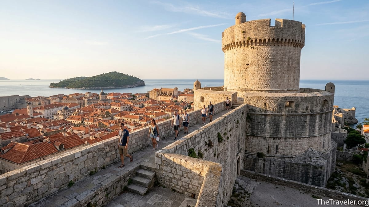 Travelers walking toward Minčeta Tower atop Dubrovnik’s city walls above the Old Town and Adriatic Sea.