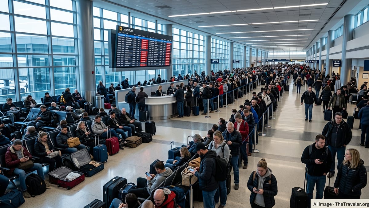 Crowded Minneapolis airport terminal with stranded passengers and departure board showing multiple cancelled and delayed US ﬂ