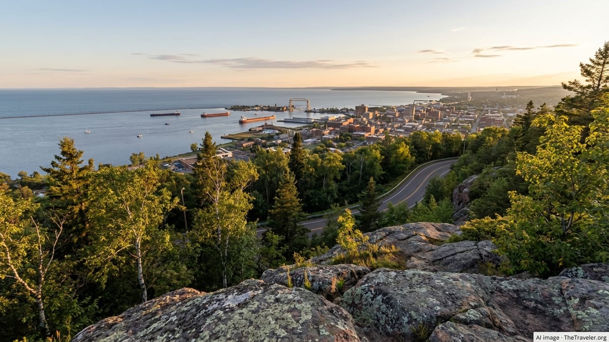 Overlook above Duluth with Lake Superior, harbor, and hillside trees at summer sunset.