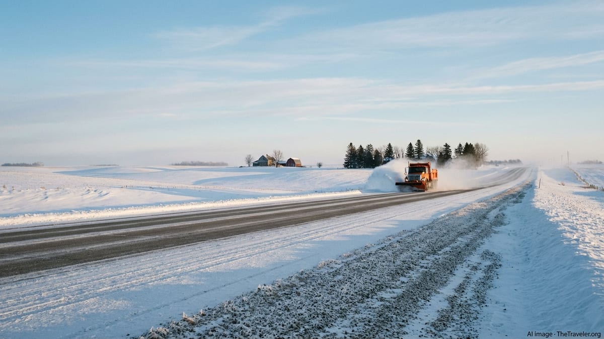 Winter highway in rural Minnesota with snowplow clearing a snow-covered road under a pale blue sky.