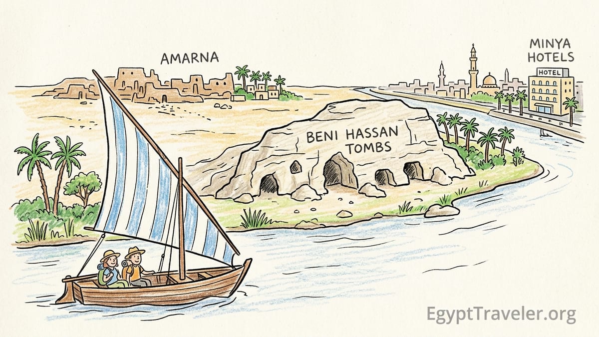 Early morning view of the Nile at Minya with boats, corniche and distant cliffs.