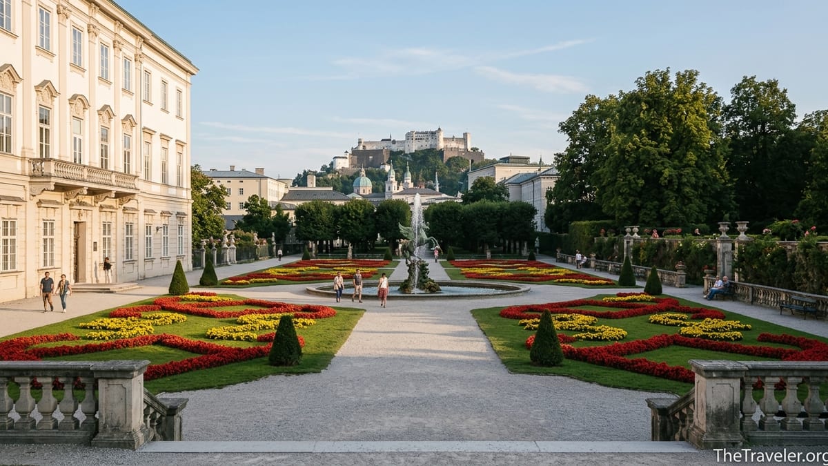 Mirabell Gardens in Salzburg with Pegasus Fountain and fortress in soft afternoon light.