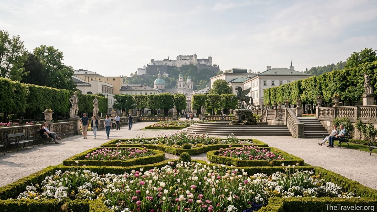 Mirabell Gardens in Salzburg with blooming parterres, Pegasus fountain and Hohensalzburg Fortress in the background.