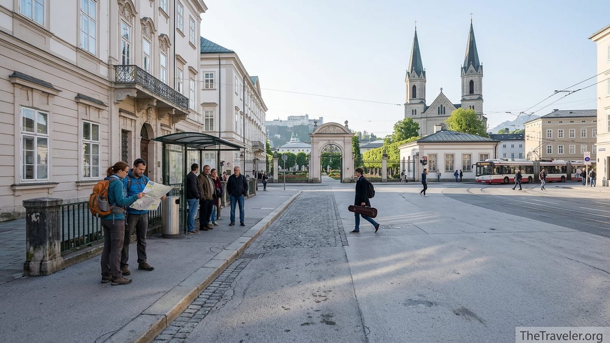Morning street scene at Mirabellplatz in Salzburg with palace, church towers and locals walking.