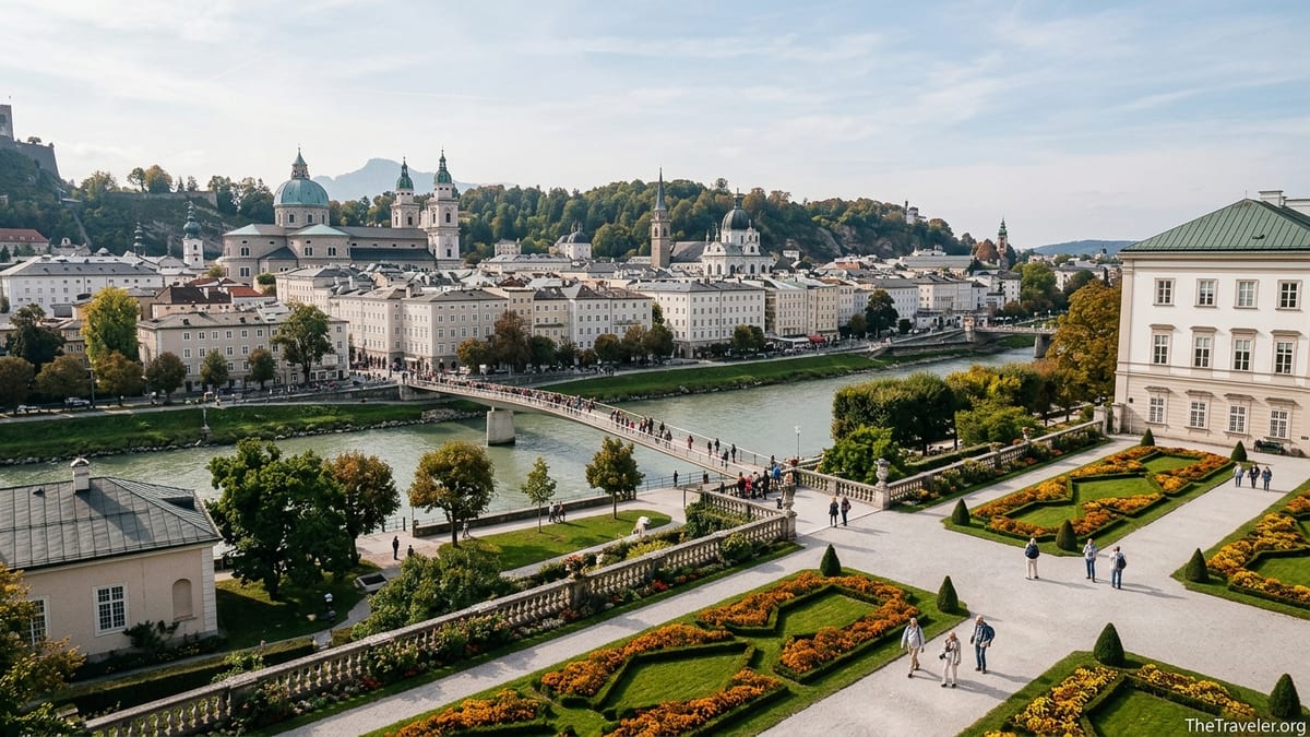View from Mirabellplatz gardens toward Salzburg’s Old Town and church towers across the river.