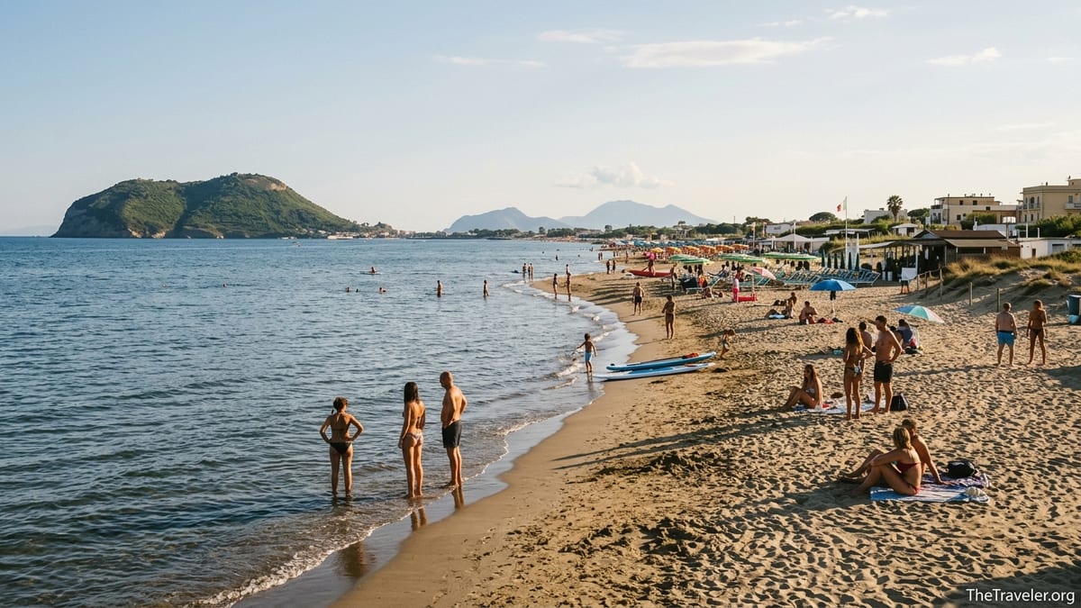 Afternoon view of Miseno Beach near Naples with golden sand, calm sea and distant islands.