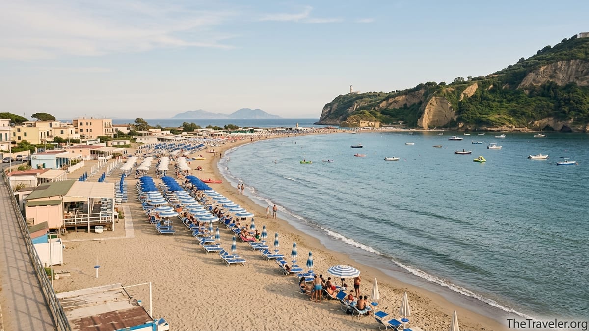 Wide view of Lido di Miseno beach and Capo Miseno headland with local bathers and calm sea.