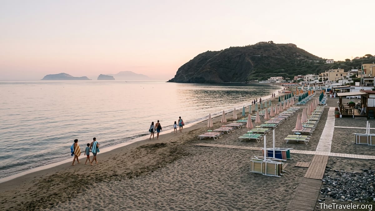 Early morning on Miseno beach near Naples with Capo Miseno and distant islands under soft pastel light.
