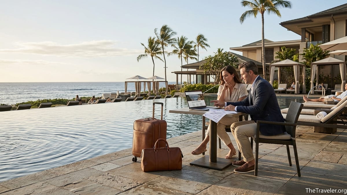 Couple reviewing a Four Seasons resort booking on a laptop beside an infinity pool at sunset.