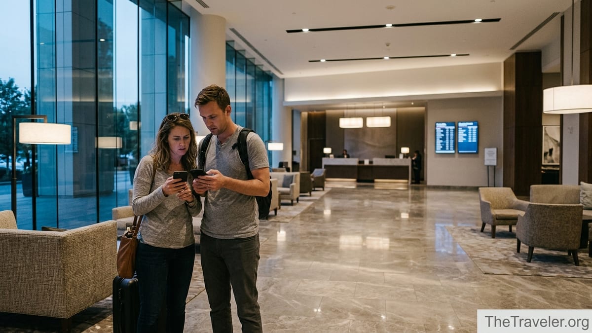 Travelers checking Marriott Bonvoy rates on their phones in a busy hotel lobby.