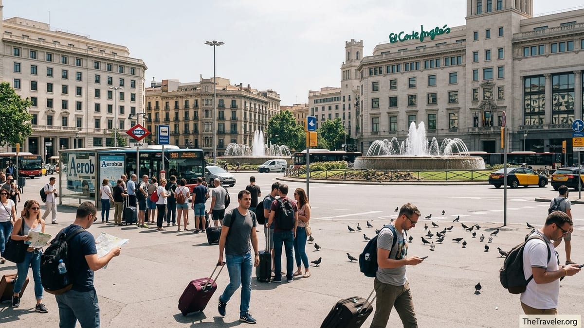 Travelers with luggage navigating the busy Plaça de Catalunya square in central Barcelona.