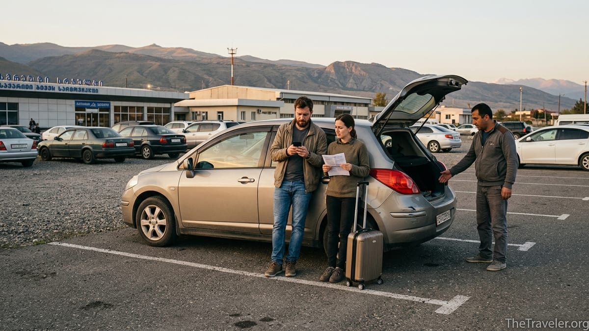Frustrated travelers inspecting a small rental car with a local agent in an airport parking lot.